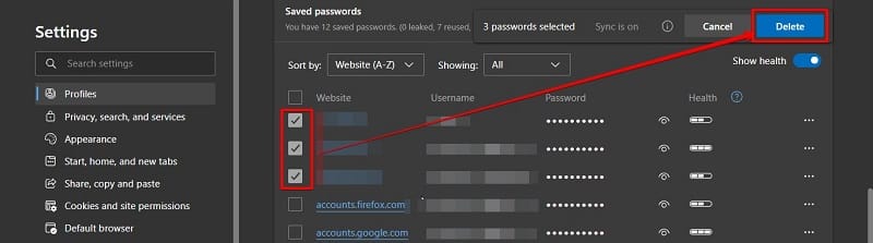 Delete saved passwords in Microsoft Edge