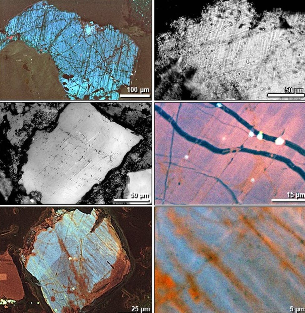 Electron microscope images of numerous small cracks in impacted quartz grains.  Allen West, CC BY-ND