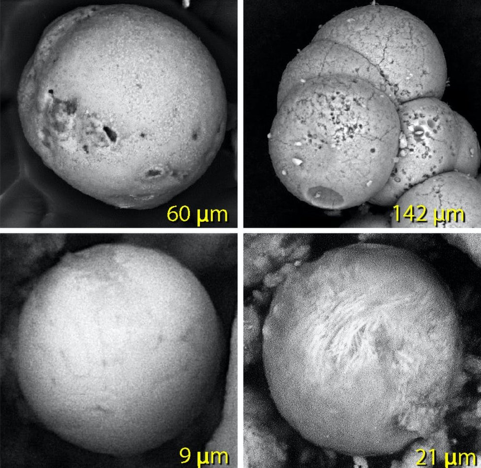Spherules made of melted sand (top left), palace plaster (top right), and molten metal (two bottom).  Malcolm LeCompte, CC BY-ND