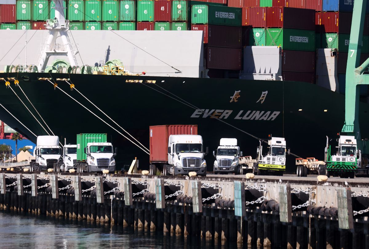 Cargo trucks in Port of Los Angeles.