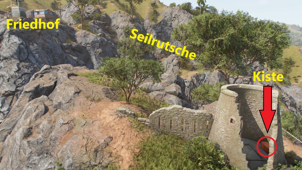Location of the secret hiding place with the box in the tower ruins (Far Cry 6).